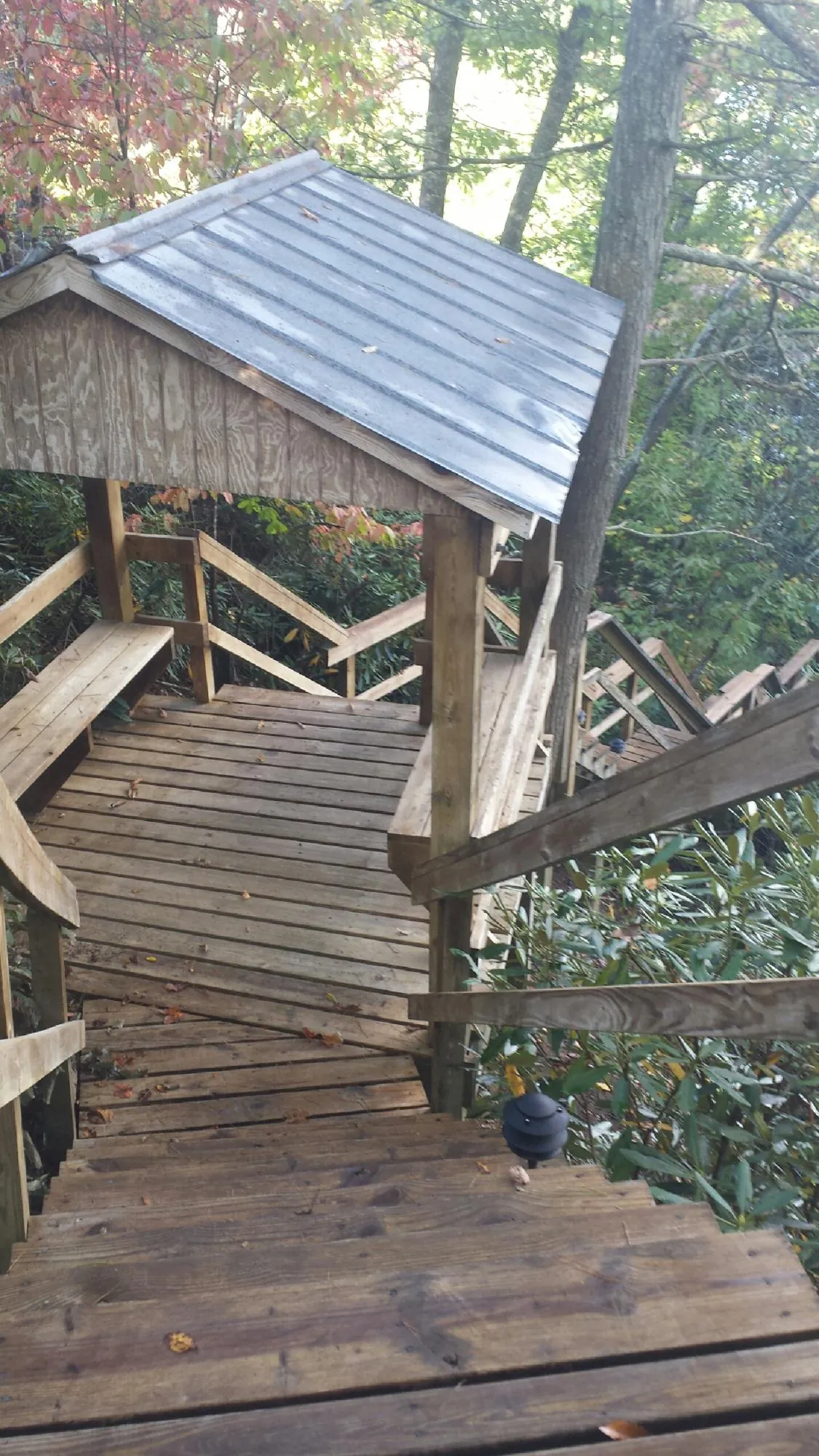 Metal roofed shelter over wooden steps on a wooded walkway — Skylight Repair & Installation work by our crew in Paskenta